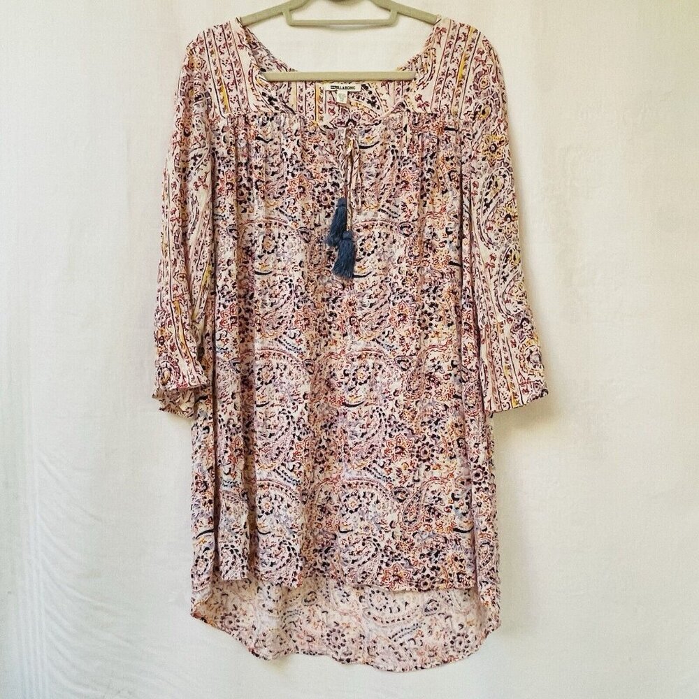 Billabong Tunic Blouse Womens Large Boho Paisley‎ Earthy 3/4 Ruffle Sleeve